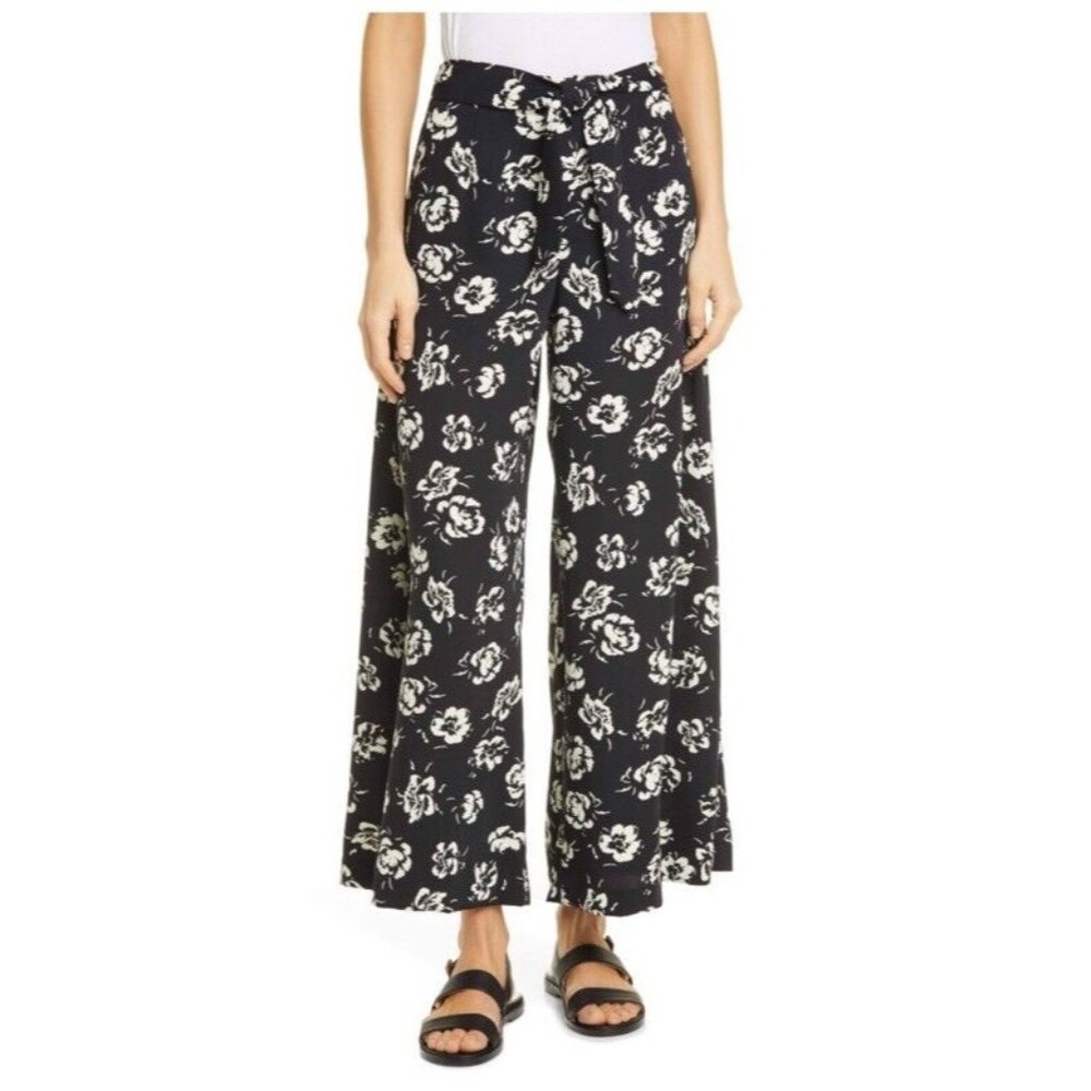 NWT Polo Ralph Lauren Black White Floral Wide Leg Crop‎ Pants Tie Waist Size 8